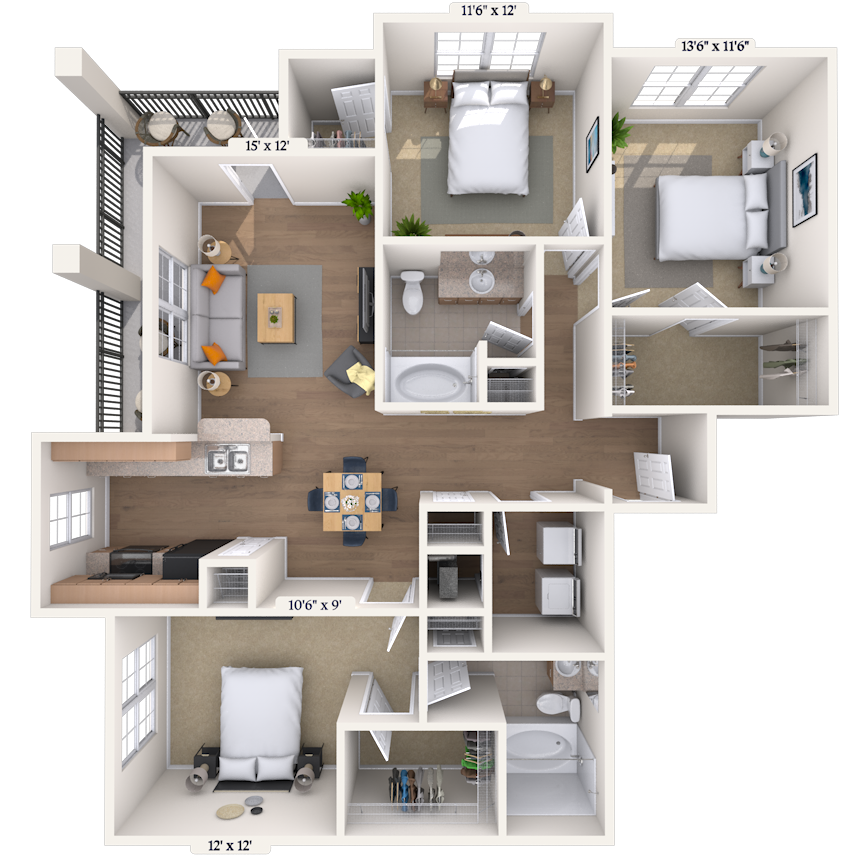 Floor plan for 3 beds, 2 baths, 1330 sqft